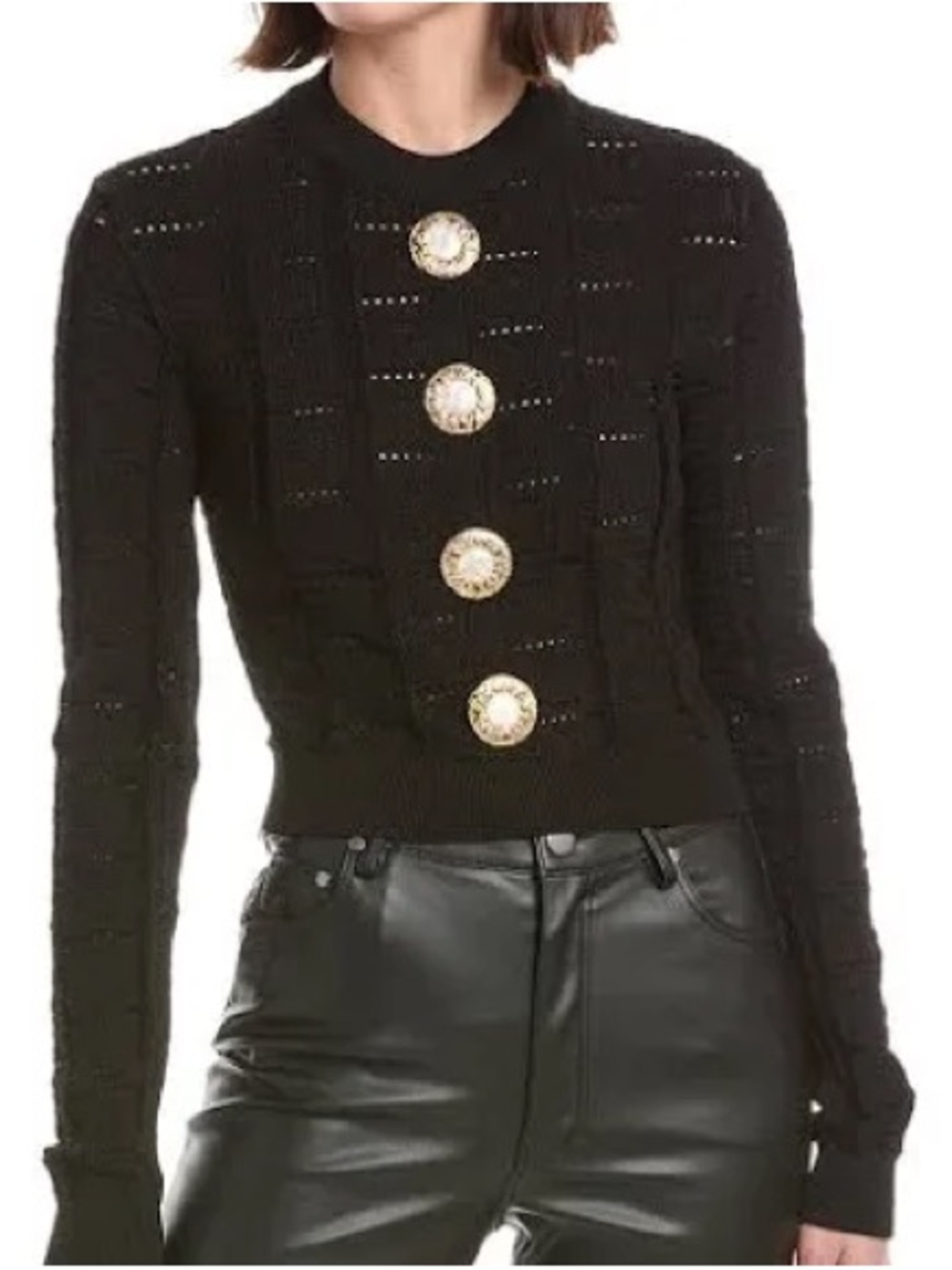 BALMAIN MONOGRAM MESH KNIT CROPPED PULLOVER SWEATER